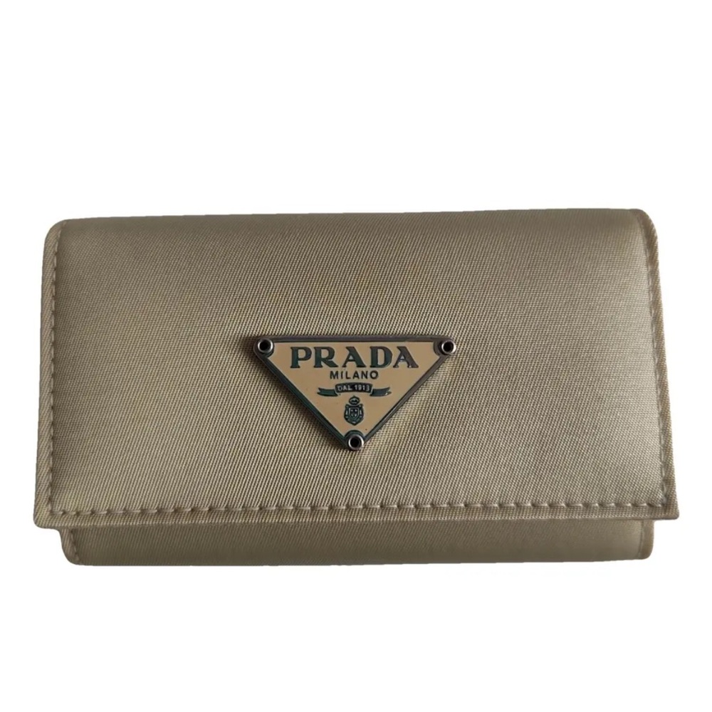 Prada  Beige Cloth Gold Triangular Logo Card Holder